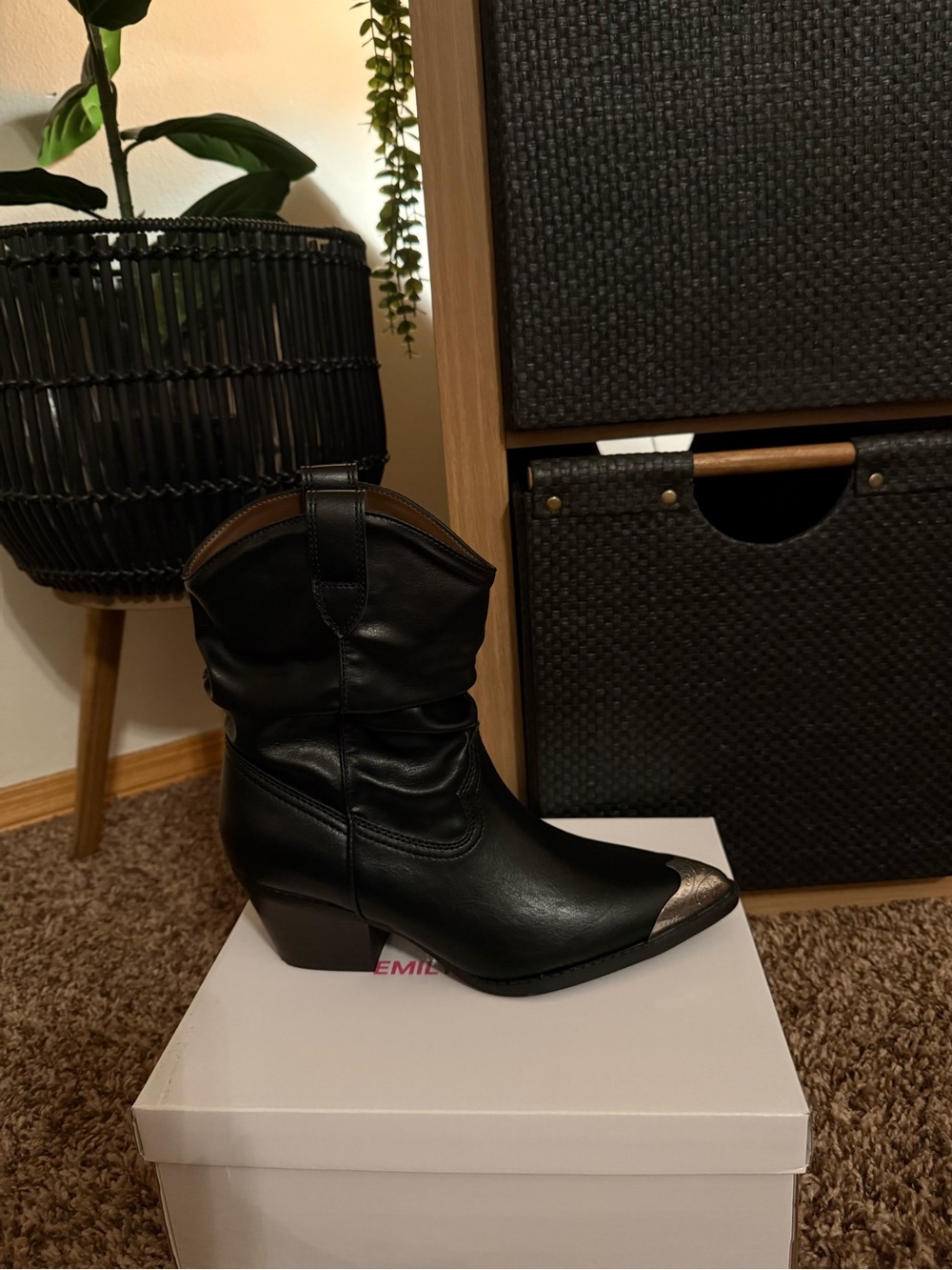 Pink Lily Black Western Ankle Boot with Metallic Toe Cap